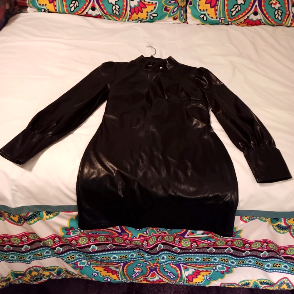 Shein Black Faux Leather  Dress with waist sash/ belt
